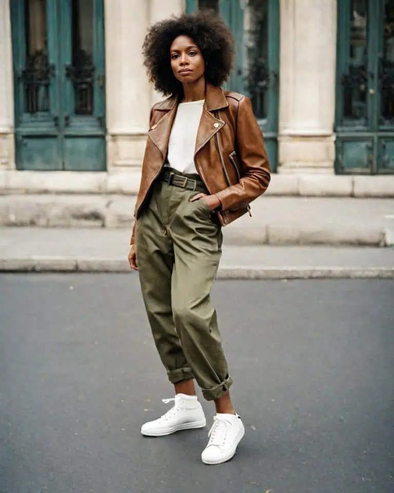 leather jacket- with olive pants and sneakers