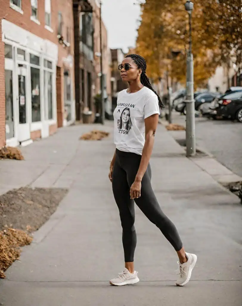 leggings with graphic tee and sneakers