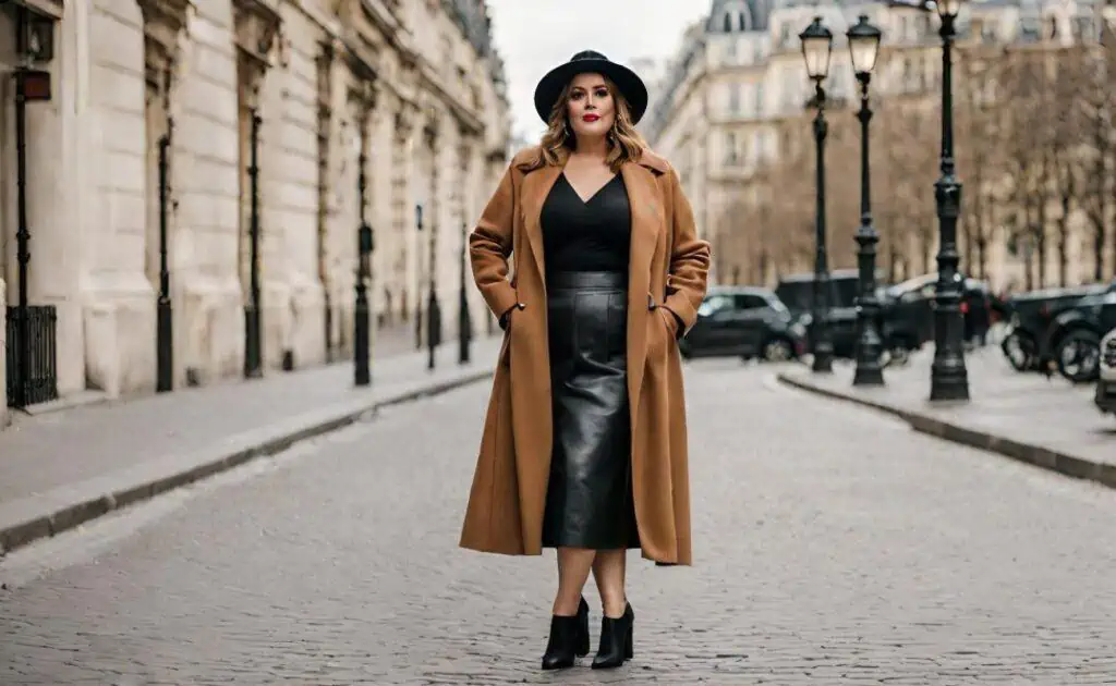 midi leather skirt eith coats and ankle boots
