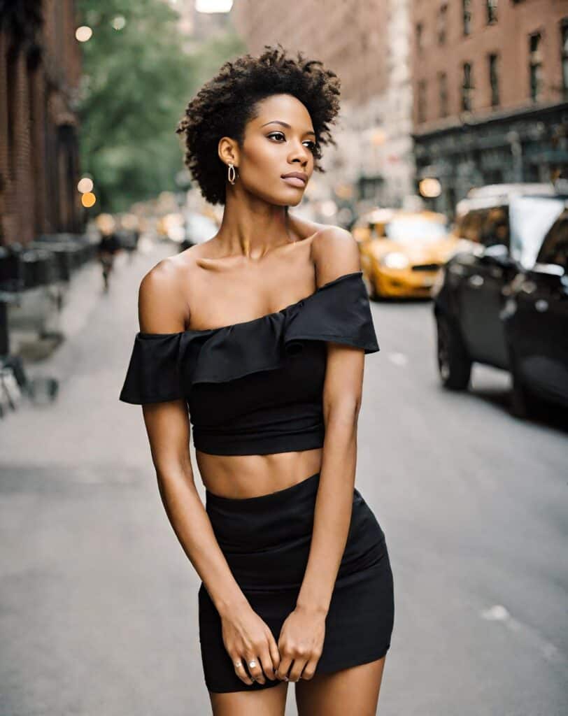 mini skirt with black off-shoulder top