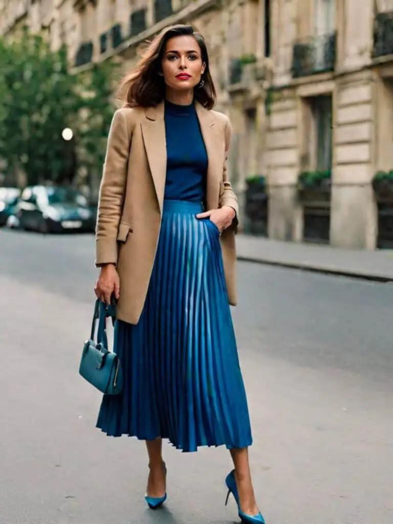 pleated skirt with blazer and heels