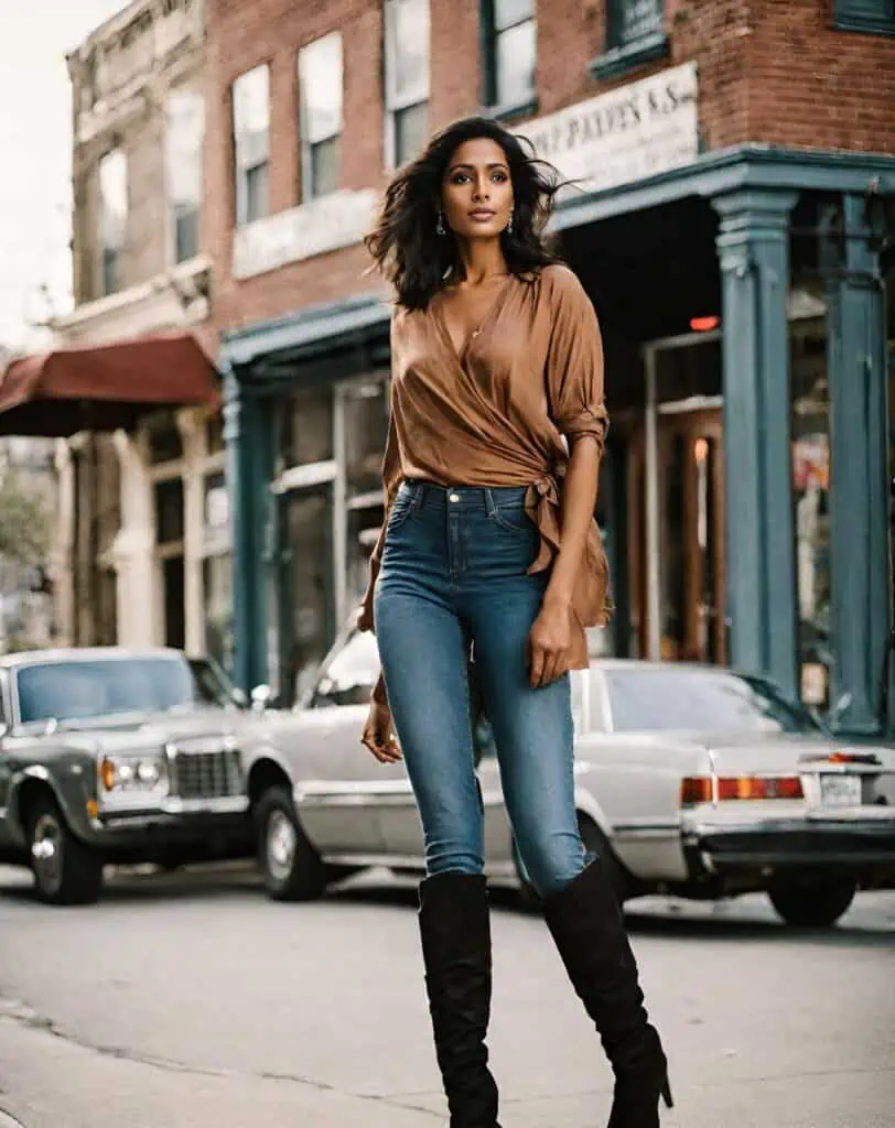 skinny jeans outfits- wrap blouse with knee-high boots