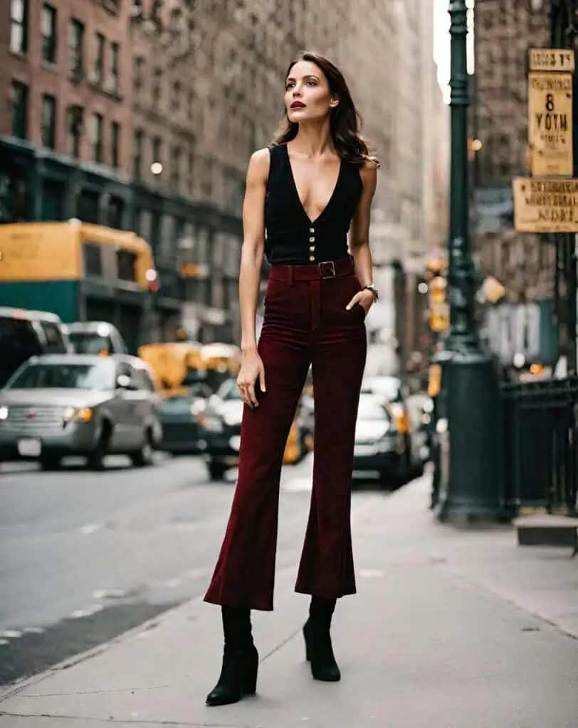 suede pant outfit with vest and ankle-length pants