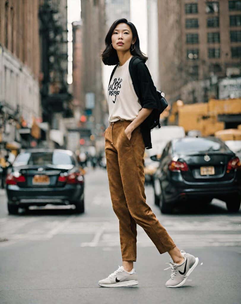 suede pant with black graphic tee and sneakers