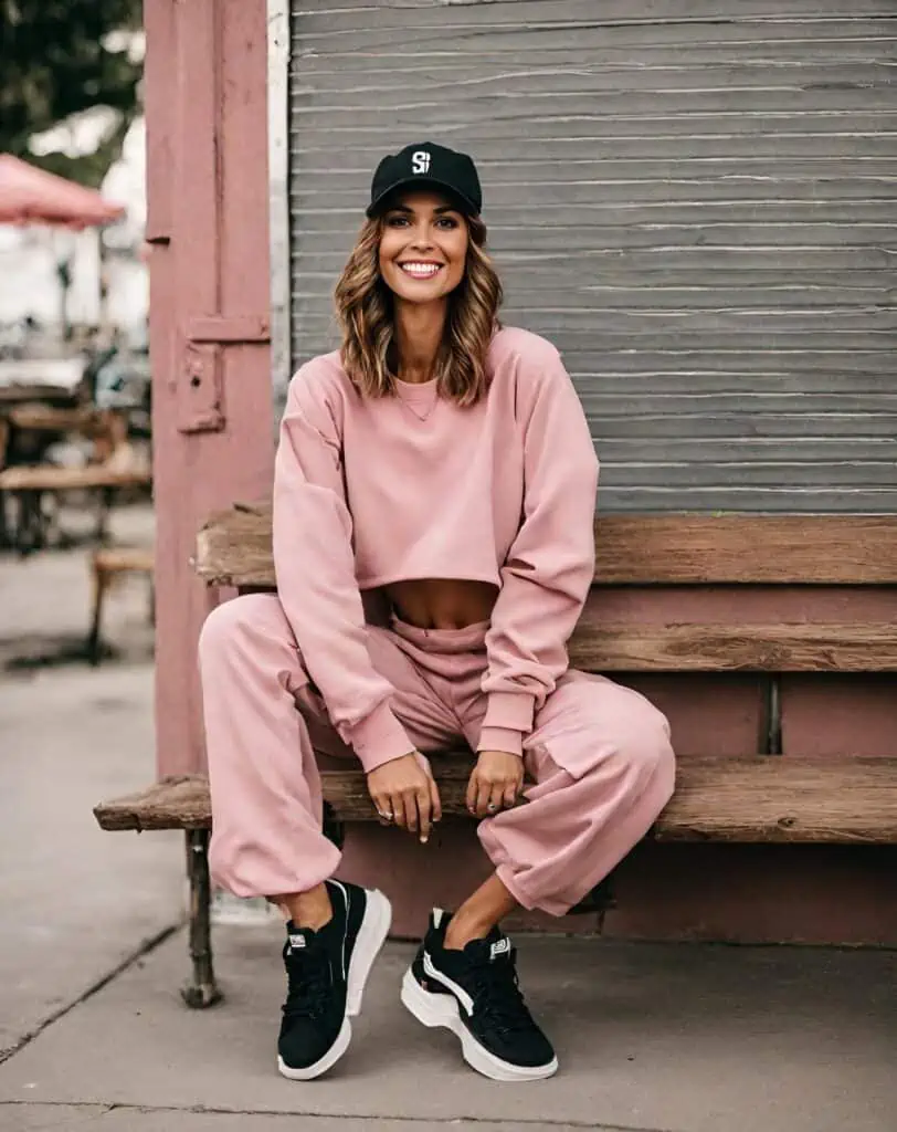 cropped sweatshirt matching set and sneakers