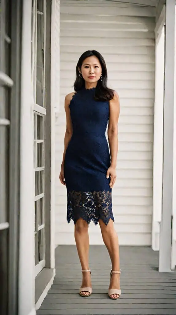 wedding guest over 50 outfits navy lace dress