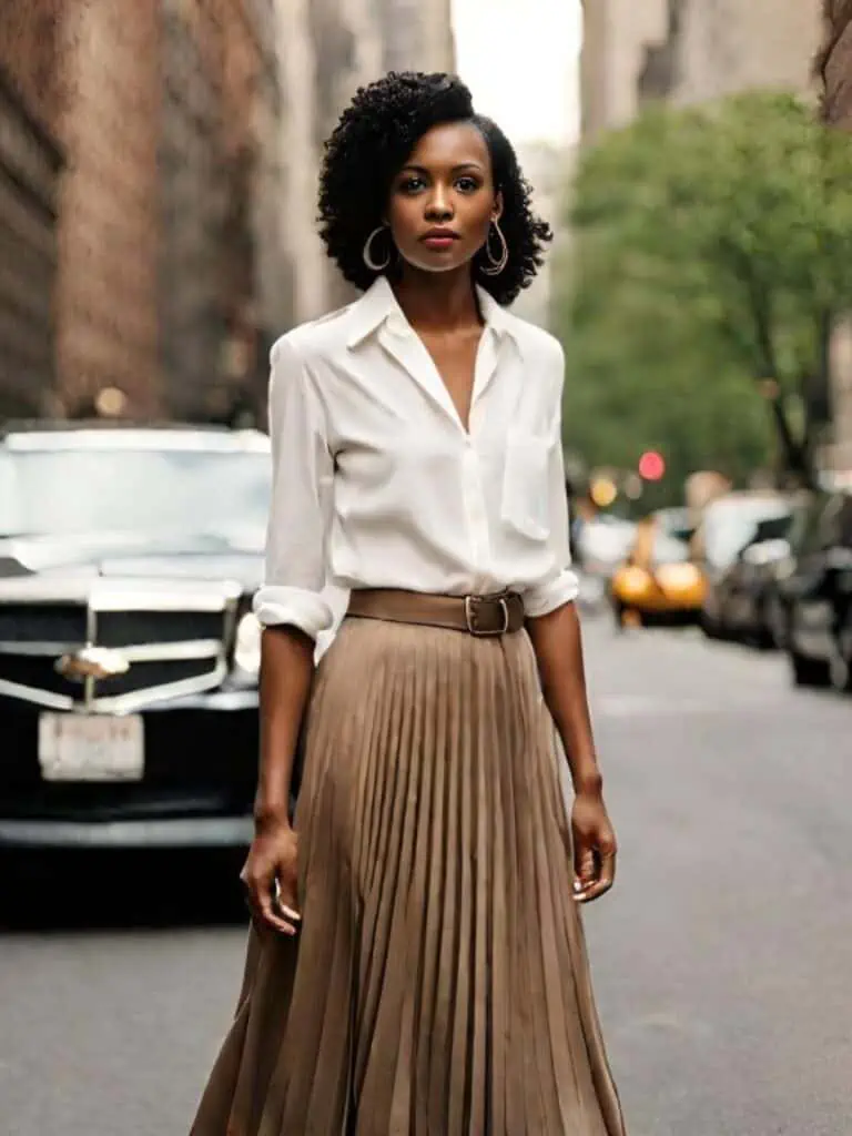 white button down with pleated skirt