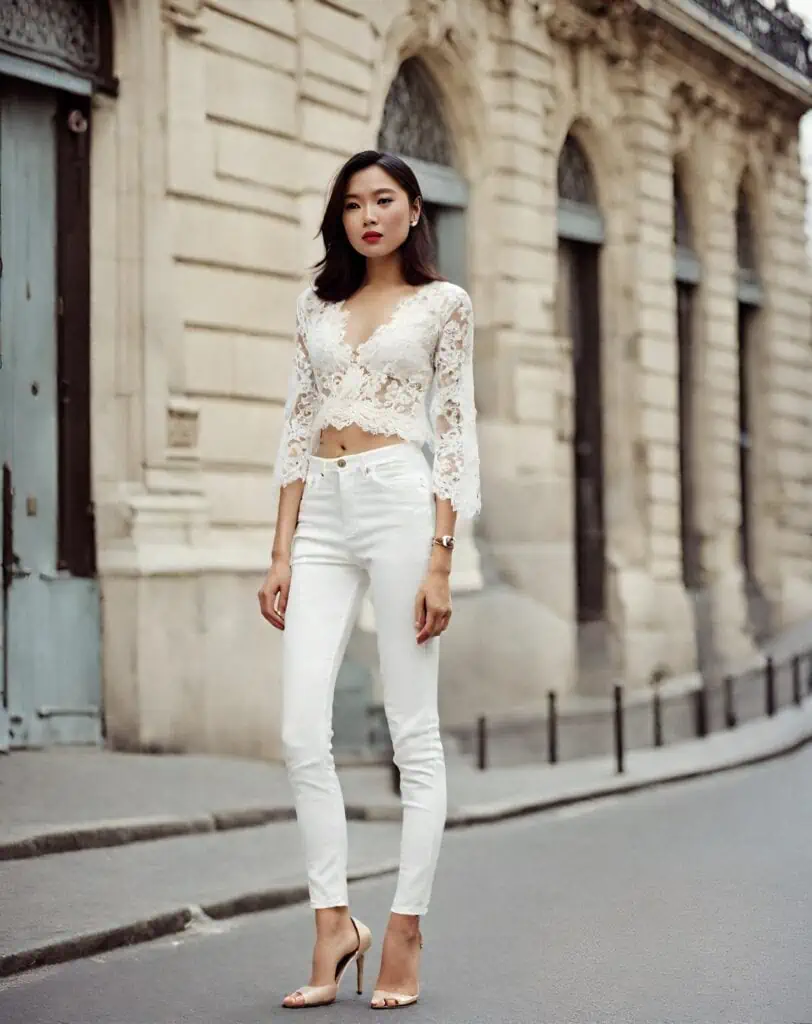 white denim outfit with lace top