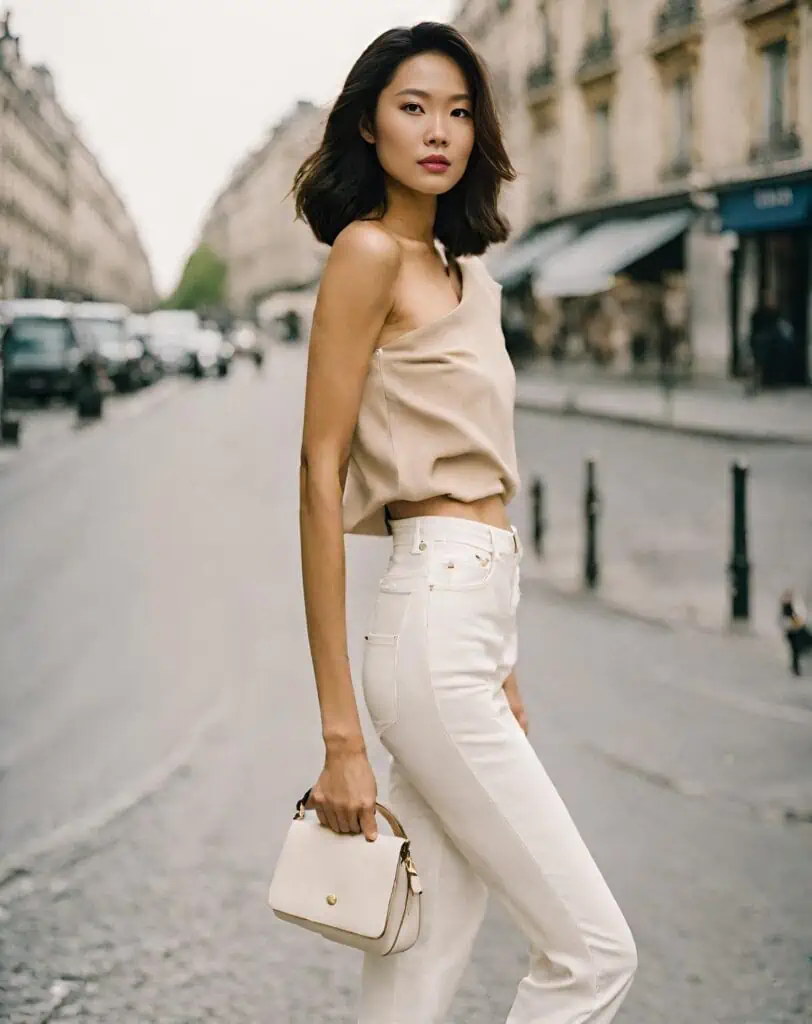 white jeans outfit with one shoulder top