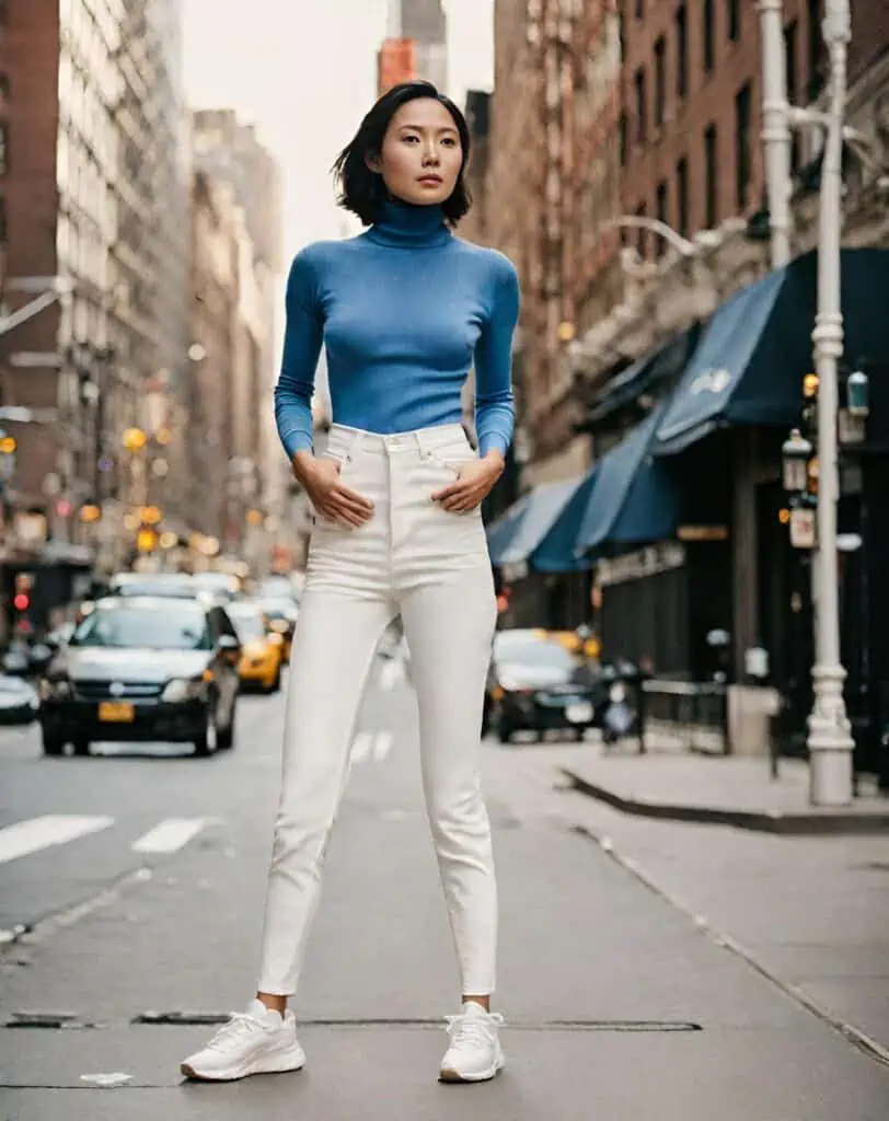 white jeans with turtle neck
