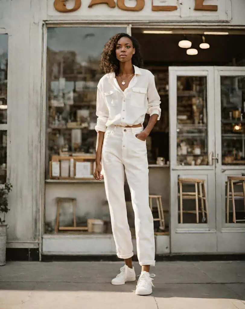 white jeans outfit with white button-up and ankle-length jeans