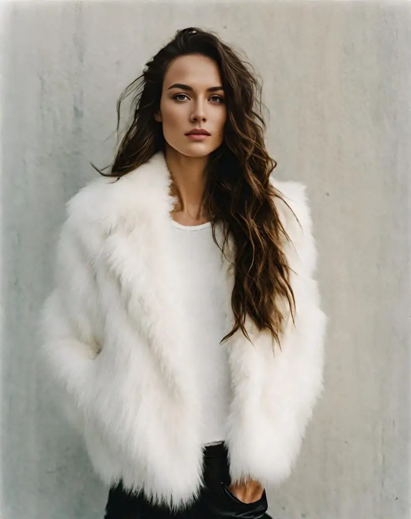 white shirt with faux fur jacket