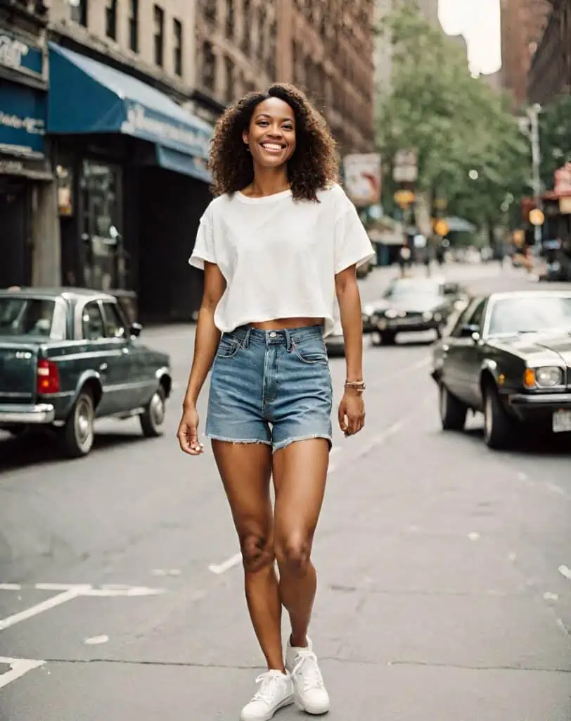 white sneakers, white t shirt outfit with denim shorts