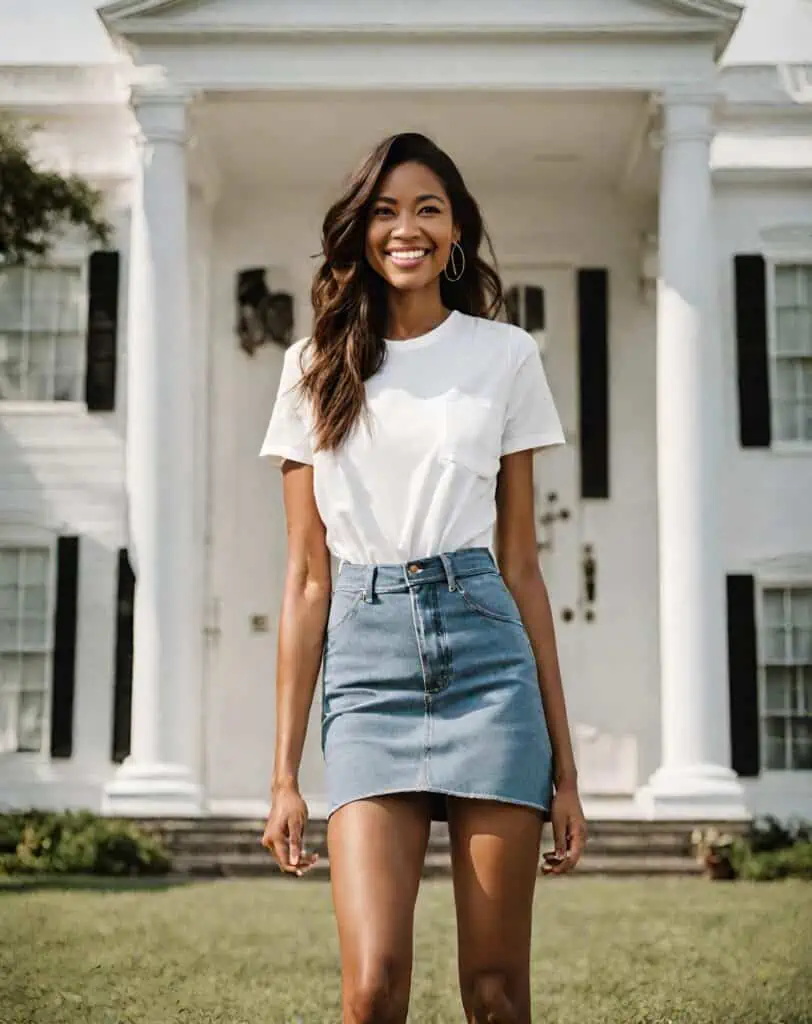 white t shirt outfit with denim skirt