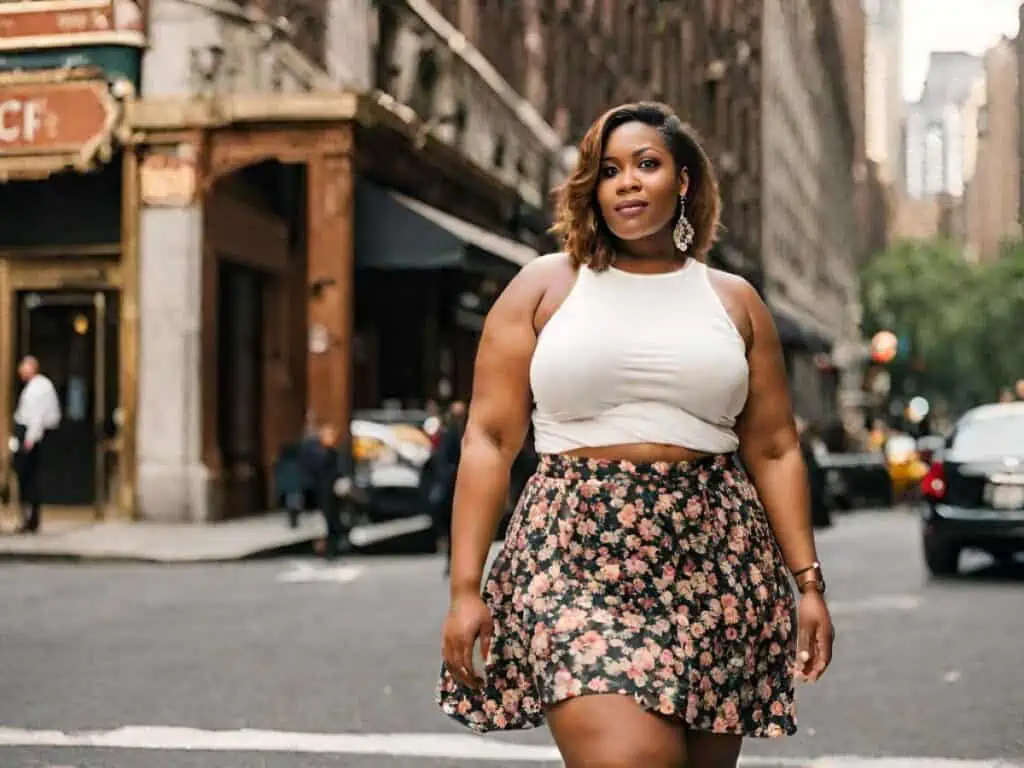 Brunch outfit ideas with floral mini skirt and white crop top