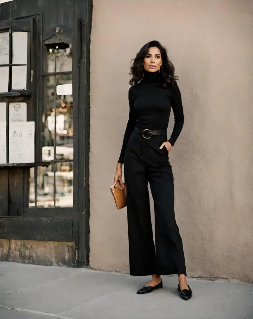 Brunch outfit ideas with turtle-neck and wide-leg pants
