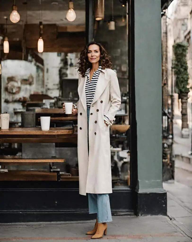 Brunch outfit ideas with wide-leg jeans and a trench coat