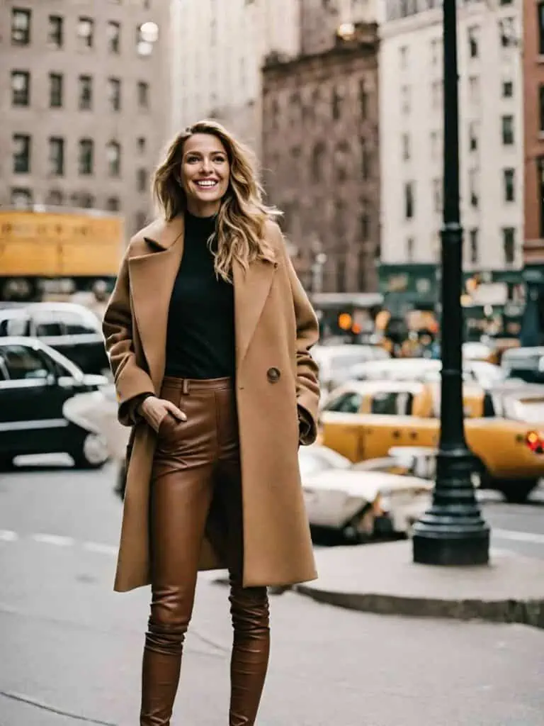 Chic Leather Legging Outfit -camel coat