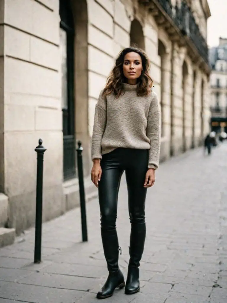Chic Leather Legging Outfit - turtle neck